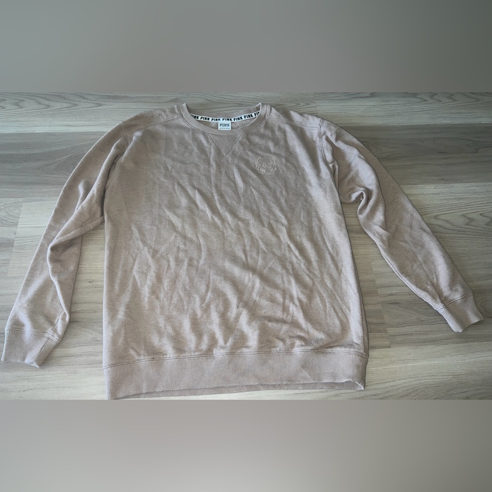 Victoria Secret Pink Beige Tan Crewneck sweater with embroidered Pink